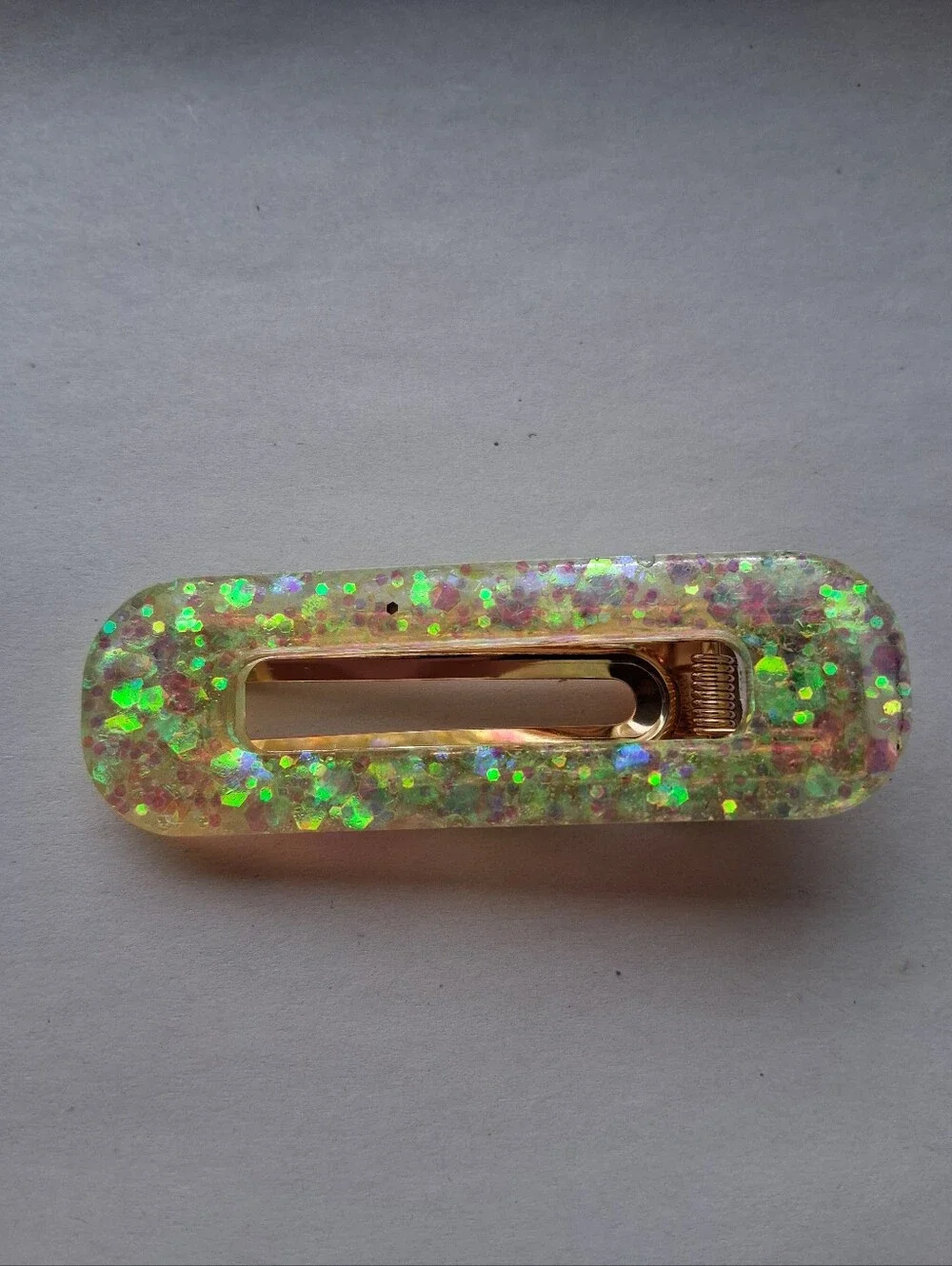 5/$25 Hand Crafted Iridescent Yellow-Green Glitter Resin Hair Clip